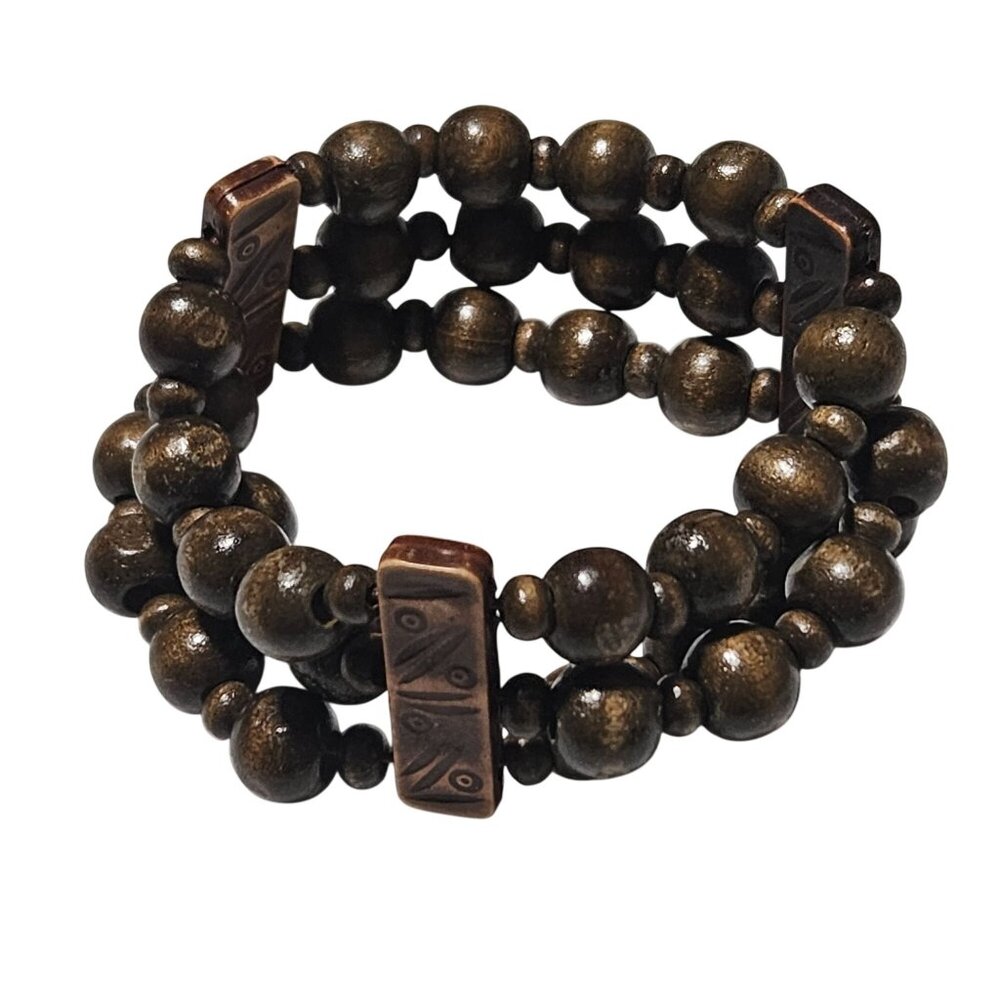 Boho Wooden Beaded Stretch Bracelet Carved Accents Brown Fashion Jewelry Unisex
